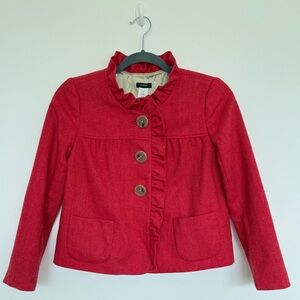 J Crew Fiona Ruffle Wool Herringbone Jacket - Rhubarb Red - Size 0P